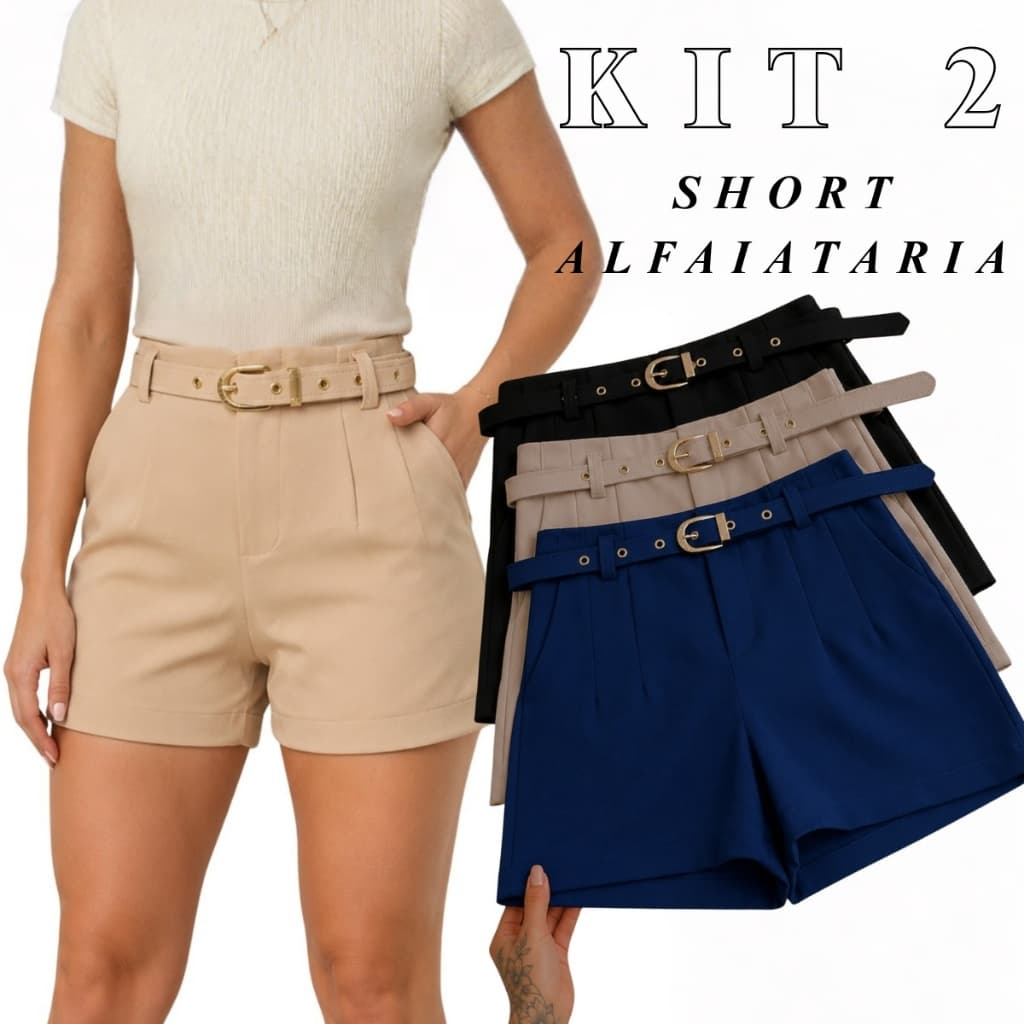 Kit 2 Short Alfaiataria Com Bolso Com Cinto Feminino  Cintura Alta ENVIO IMEDIATO