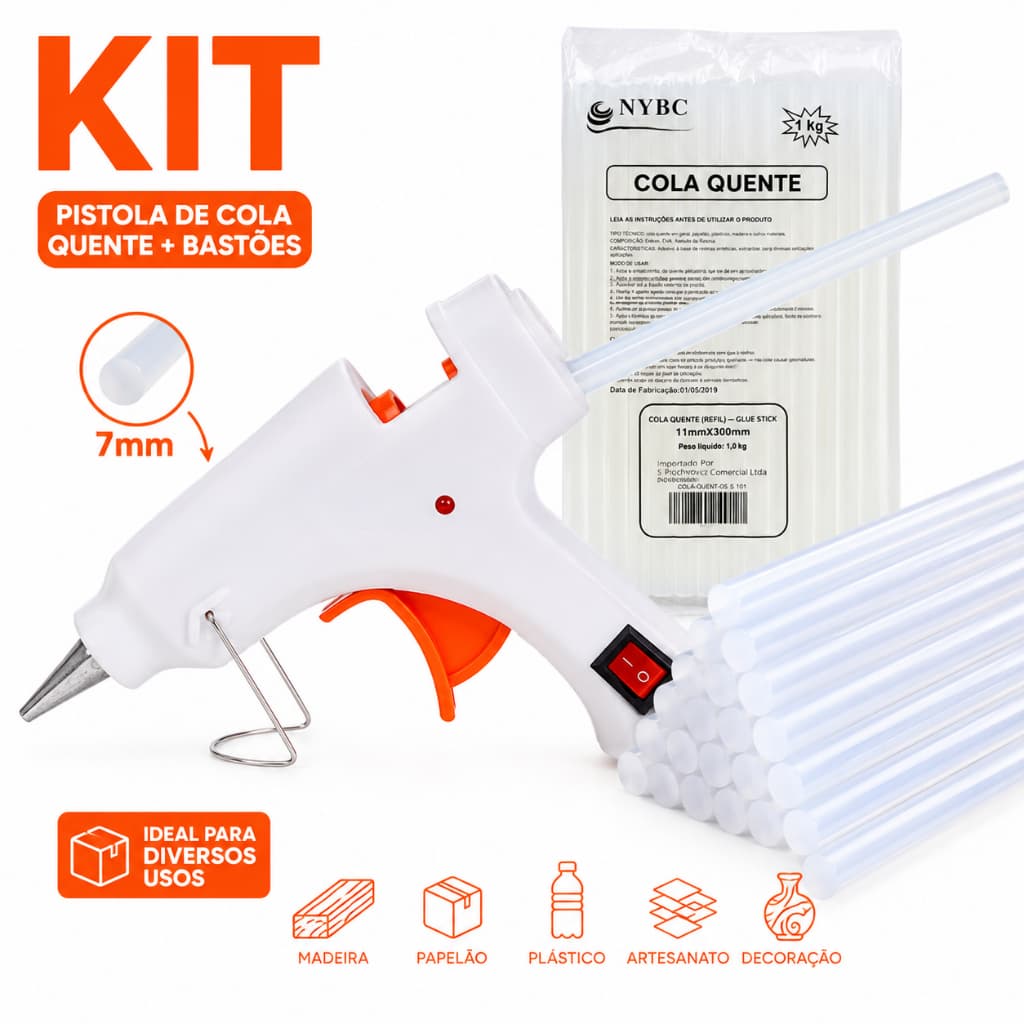 KIT Pistola BRANCA de Cola Quente Botão Liga e Desliga Bivolt Para Cola Fina 7mm Chinesinha Branca