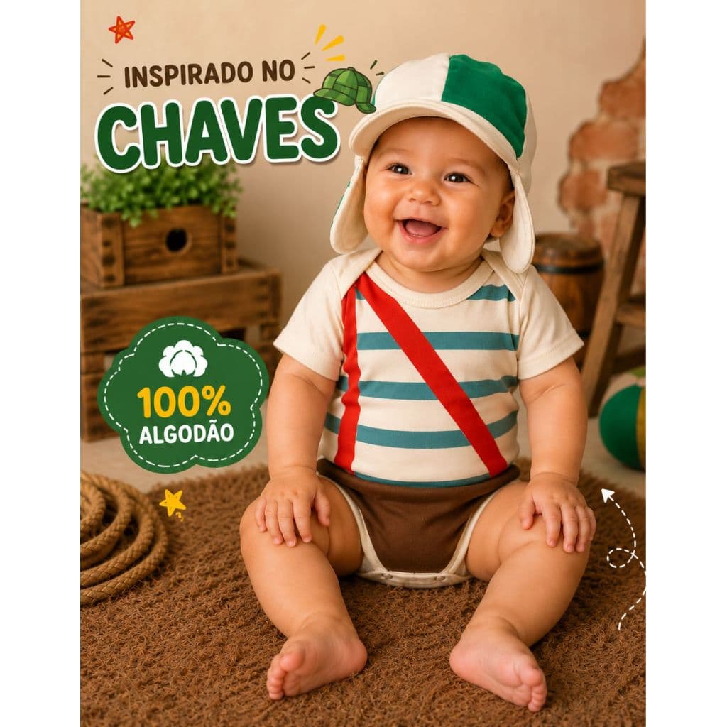 Body Bebê Chaves Menino Temático Chapéu Personagem Confortável Algodão Kit Mesversário