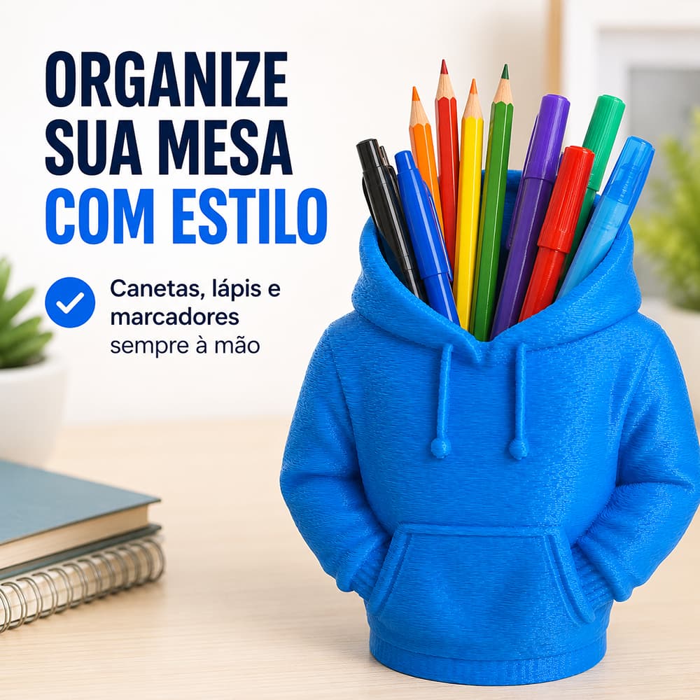 Porta Canetas Moletom 3D Azul Organizador de Mesa Criativo Para Escritório Estudo Home Office