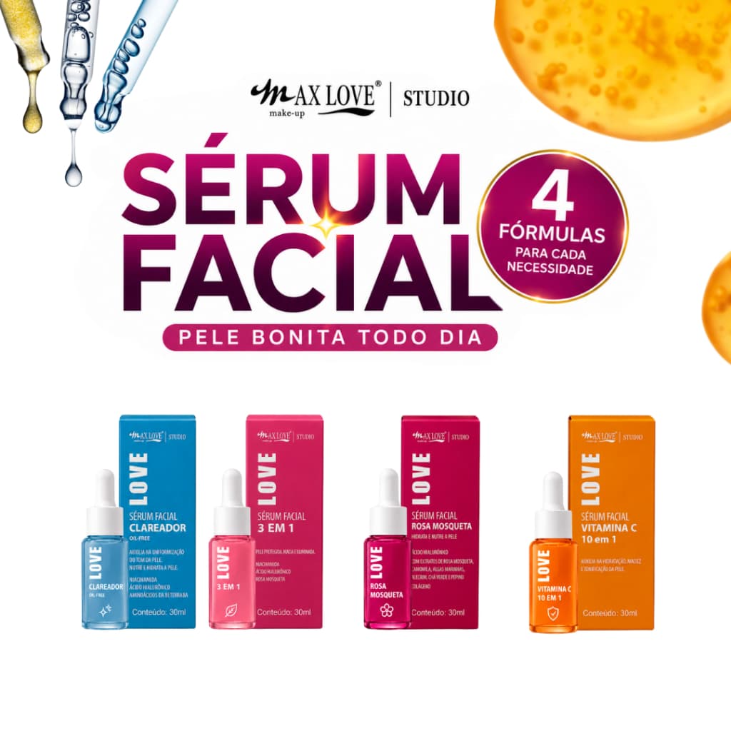 Kit 4 Séruns Max Love Skincare Completo Vitamina C Rosa Mosqueta Ác.Hialurônico Colágeno Clareador Manchas Rugas Acne