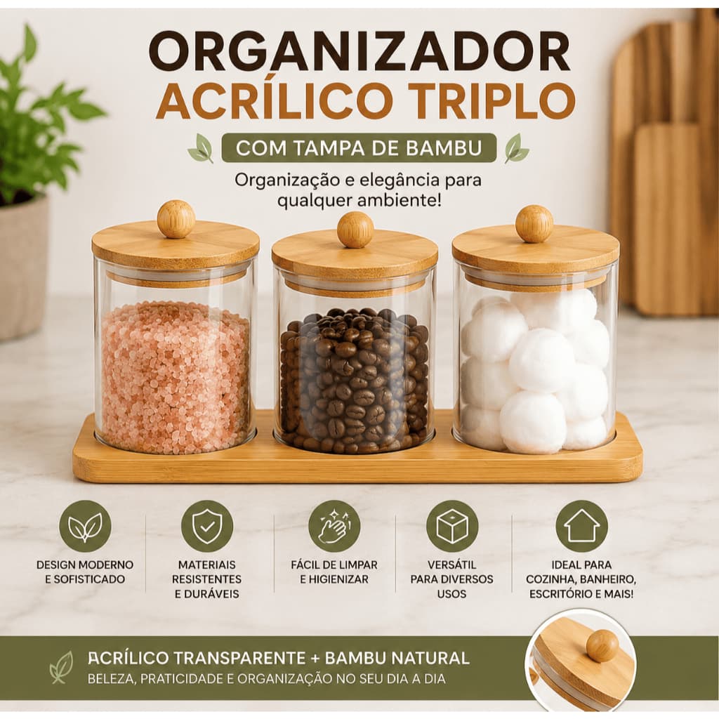 Organizador Acrílico Triplo com Tampa de Bambu para Cozinha e Banheiro