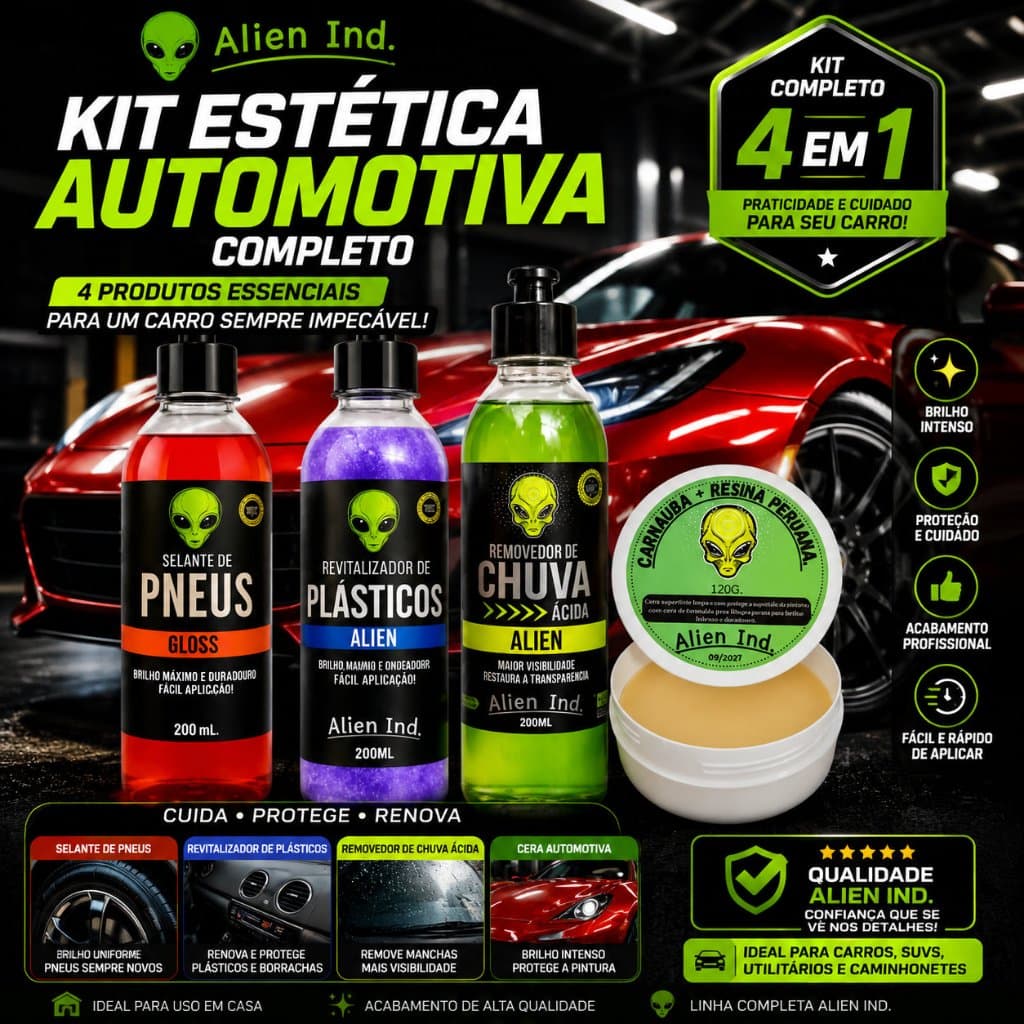 Kit 4 Super Alien Ind Cera Polimento Tratament Completo Auto