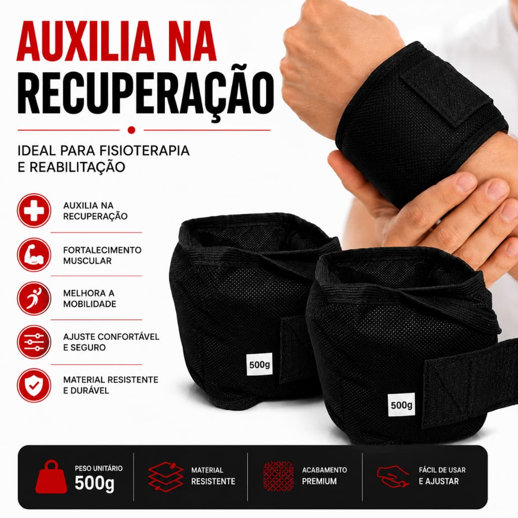 Munhequeira Par Preta 500g Fisioterapia Reabilitação Ajustável Fortalecimento Terapêuticos Coordenação Peso de Punho