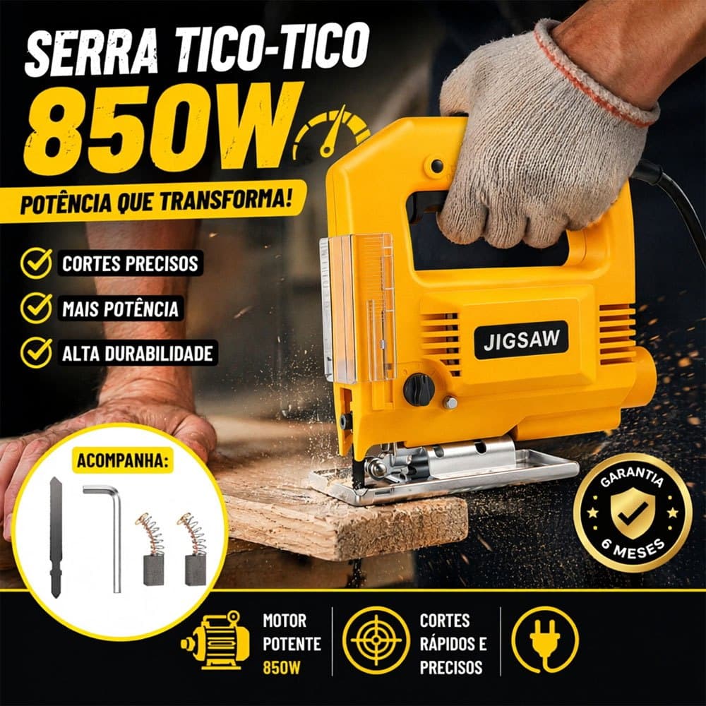Serra Tico-Tico Elétrica Profissional com Fio 110-127V/220V Ângulo de Corte Ajustável até 45° Para Madeira e Metal