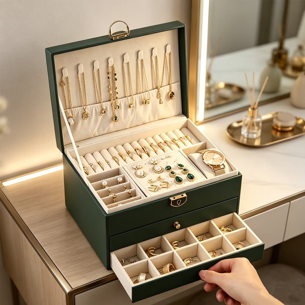 Elegante Organizador de Joias em Couro 3 Camadas para Relógio, Anéis e Brincos Caixa Porta-Joias de Alta Qualidade