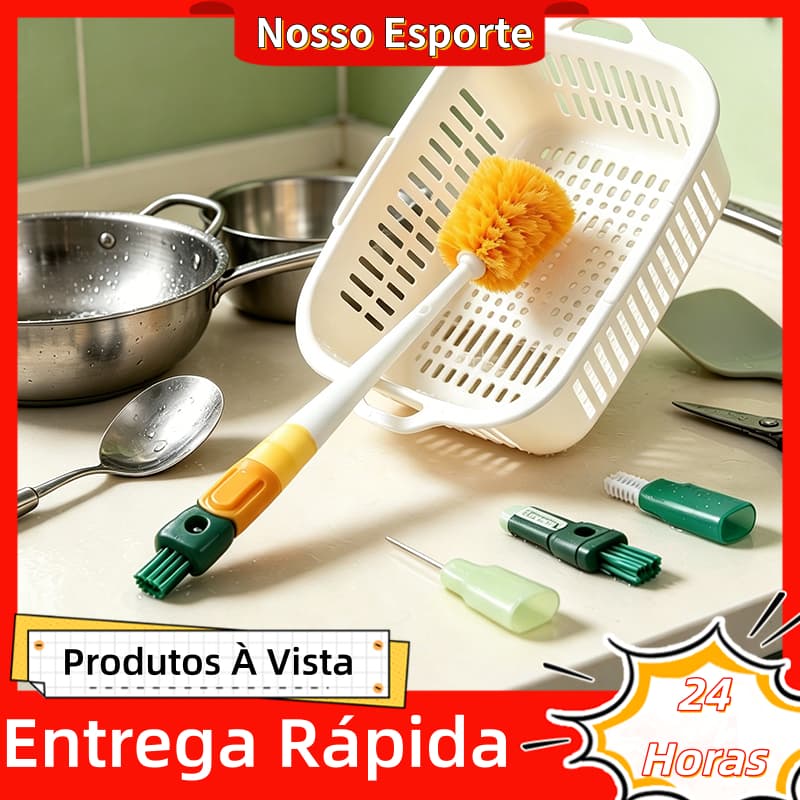 Escova de Limpeza Multifuncional 5 em 1 com Alça Longa Cabeças Substituíveis