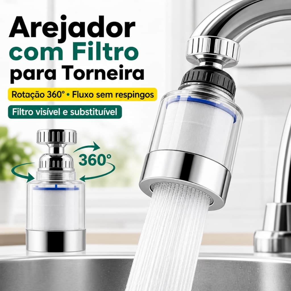 Filtro para Torneira 360° com Arejador Antirrespingo e Cartucho Visível Removível, Rosca 22 mm para Cozinha e Banheiro