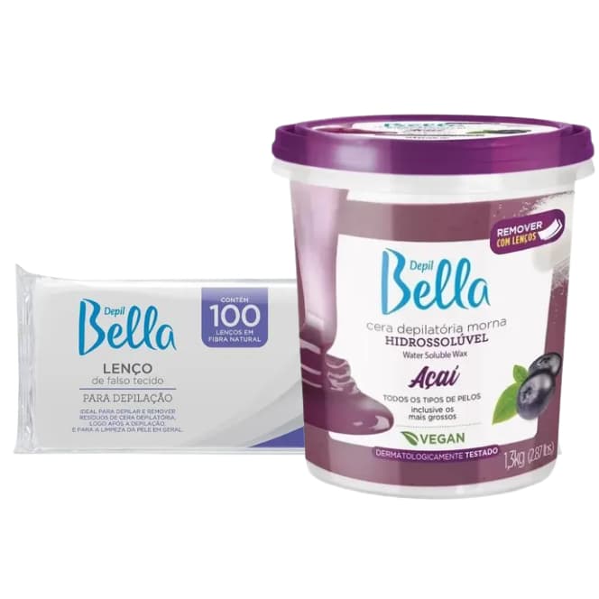 Kit Depil Bella Cera Depilatória Hidrossolúvel Açaí 1,3Kg e Folhas Depilatórias 100 UN
