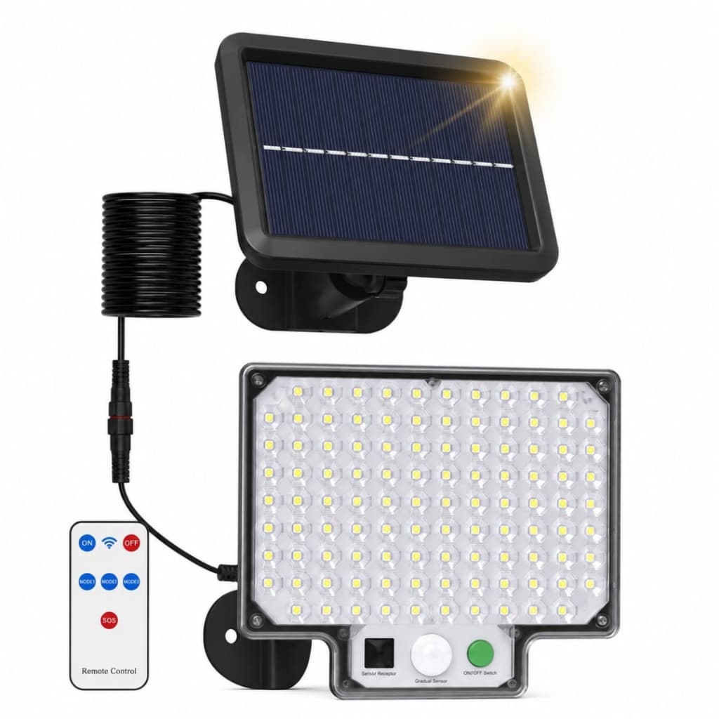 Refletor Solar 300W 104 LEDs com Sensor de Presença Controle Remoto Luz Branco Frio 6500K