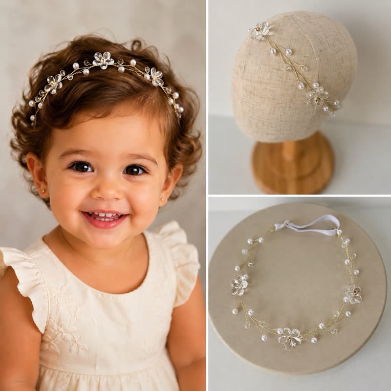 Tiara Infantil de Flores com Pérolas | Luxo para Bebê, Daminha, Casamento e Batizado