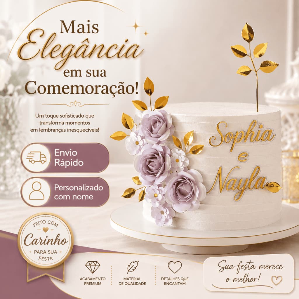 Topo/topper de bolo personalizado com rosas: aniversário feminino, bodas, casamento,noivado, batismo, crisma