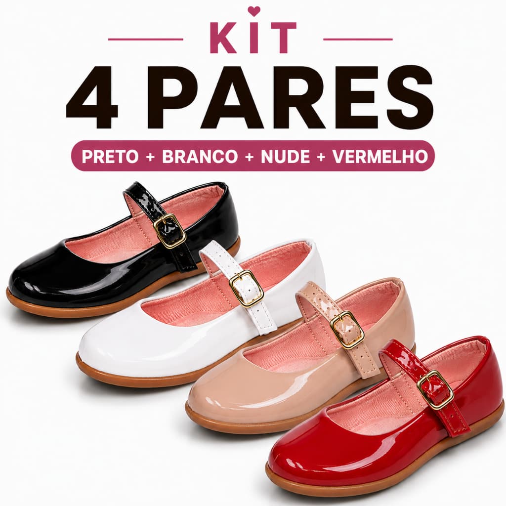 Kit 4 Pares Sapatilha Bebê Infantil Verniz Menina Branco Preto Boneca