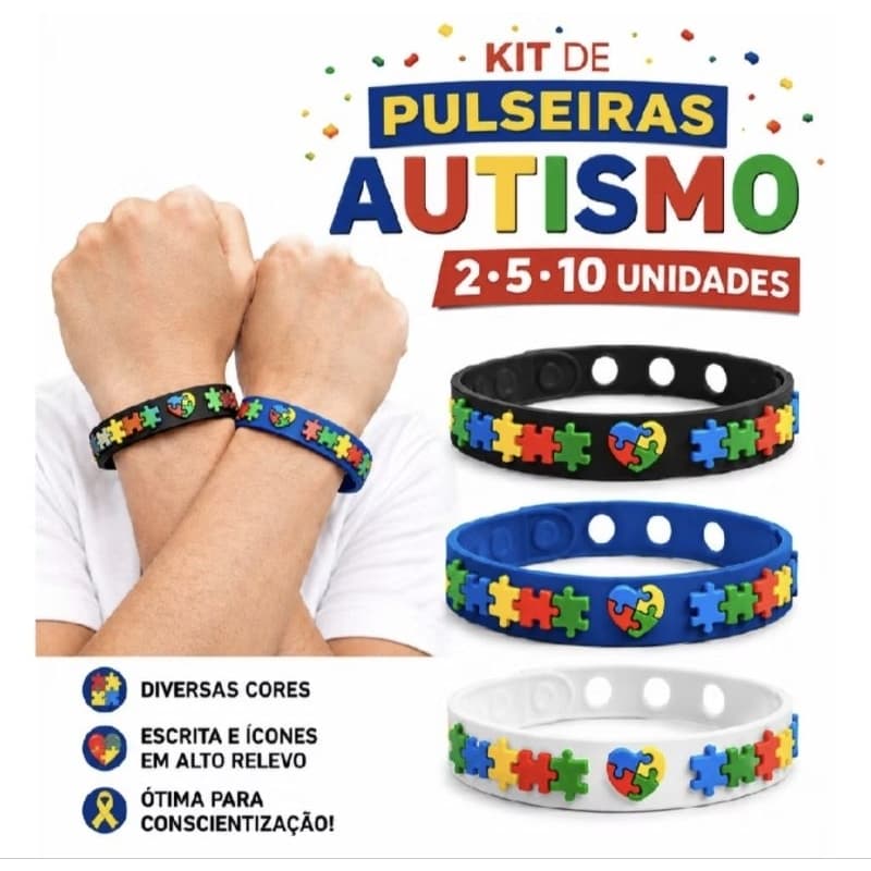 Kit Pulseira Autismo TEA Quebra Cabeça Silicone Emborrachada Regulável para Conscientização e Inclusão