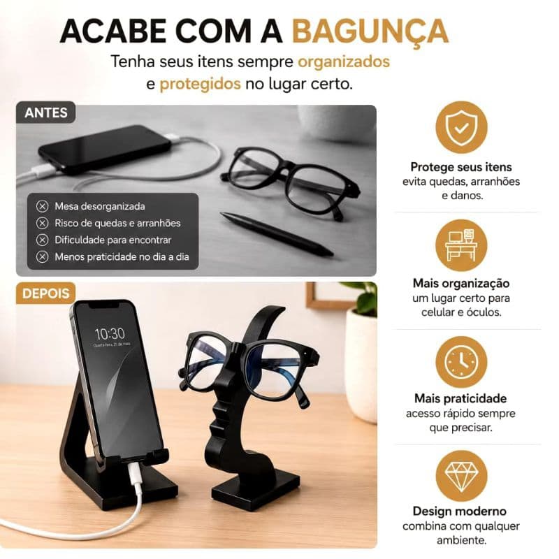 Suporte para Celular + Porta-Óculos de Mesa – Organizador Elegante e Funcional