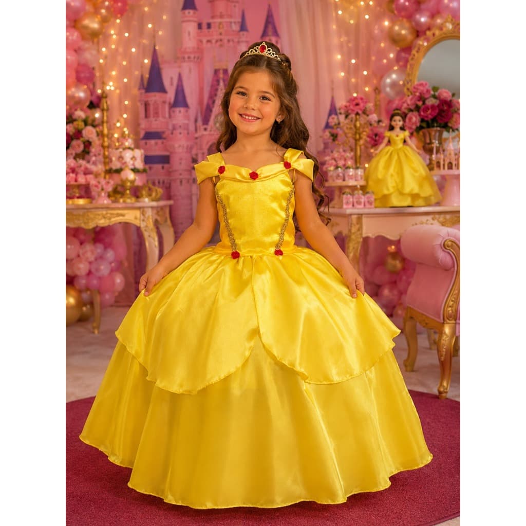 Fantasia Princesa Longa Princesa Amarela Festa Temático Aniversário Dia das Crianças