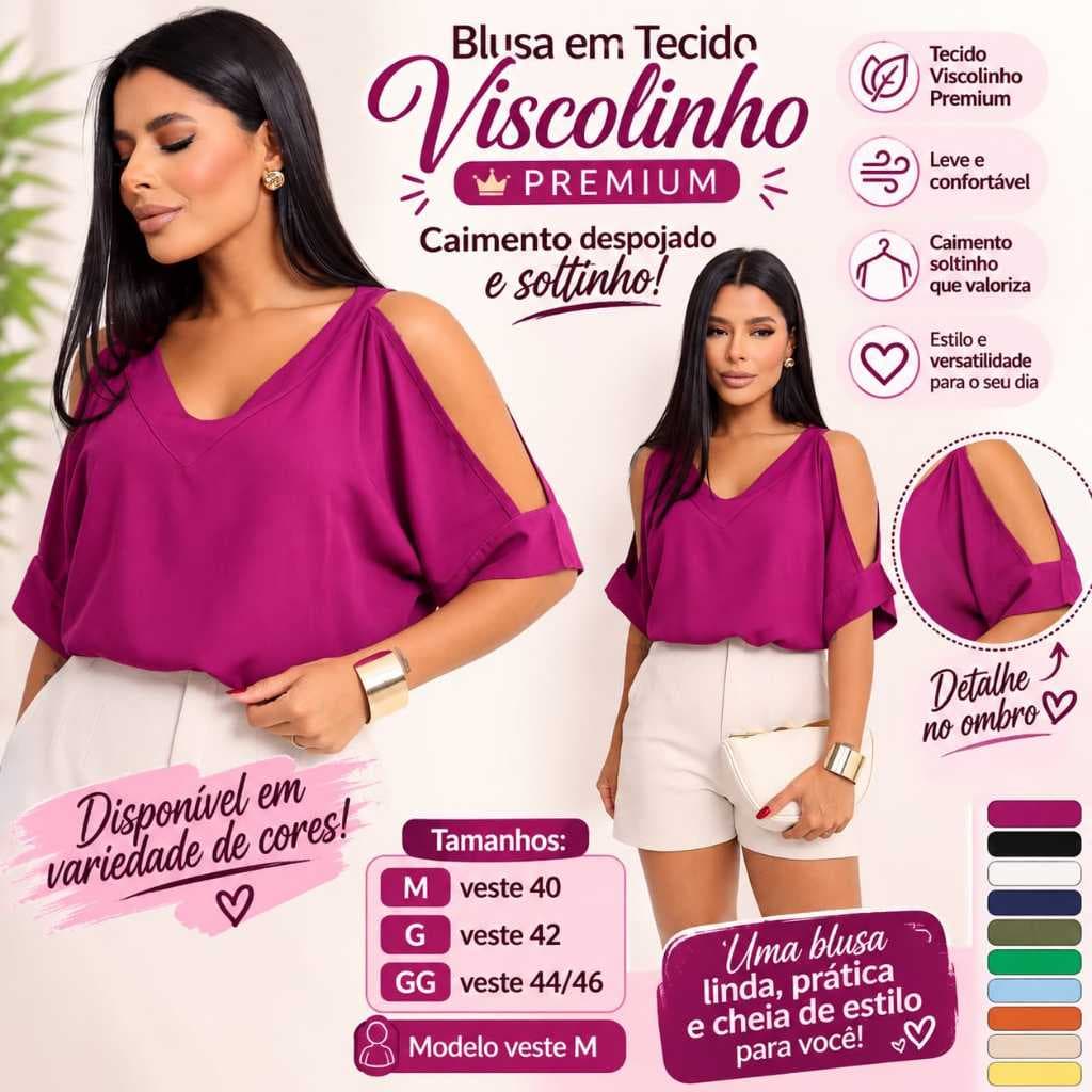 Blusa Feminina Moderna Ombro Vazado Decote V Leve Fresca Dia a Dia Elegante