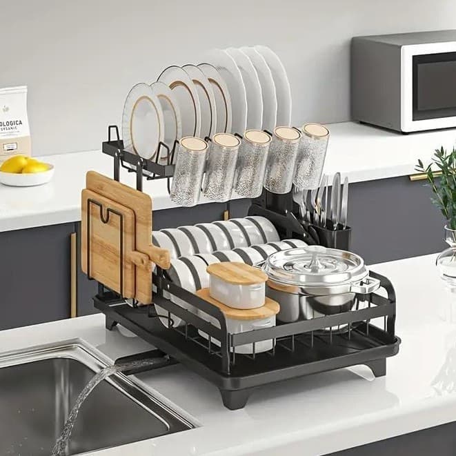 Escorredor de Louças Rack Aço Carbono Organizador Preto De Carbono Níveis E Ralo Ajustável