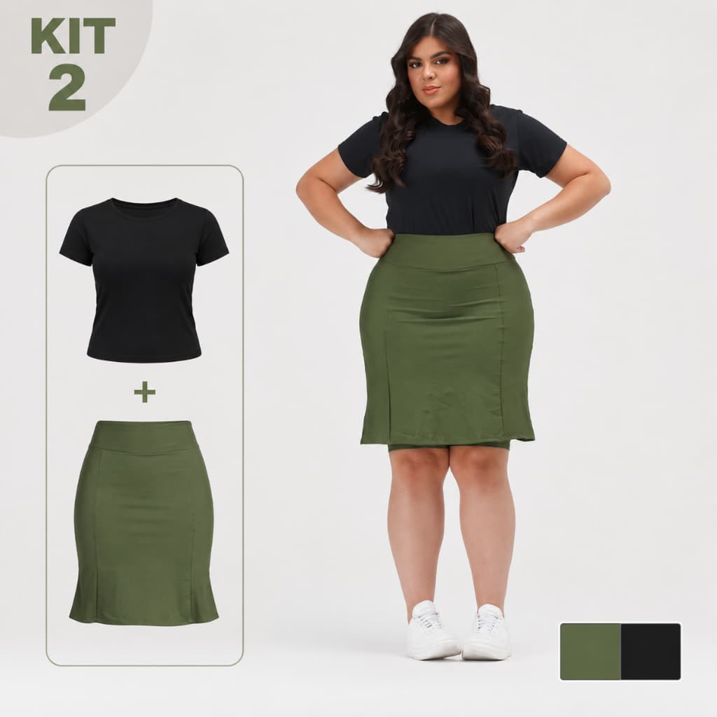 Kit Saia Evangélica Fitness Cintura Alta + Blusa Dry Fit Feminina Respirável