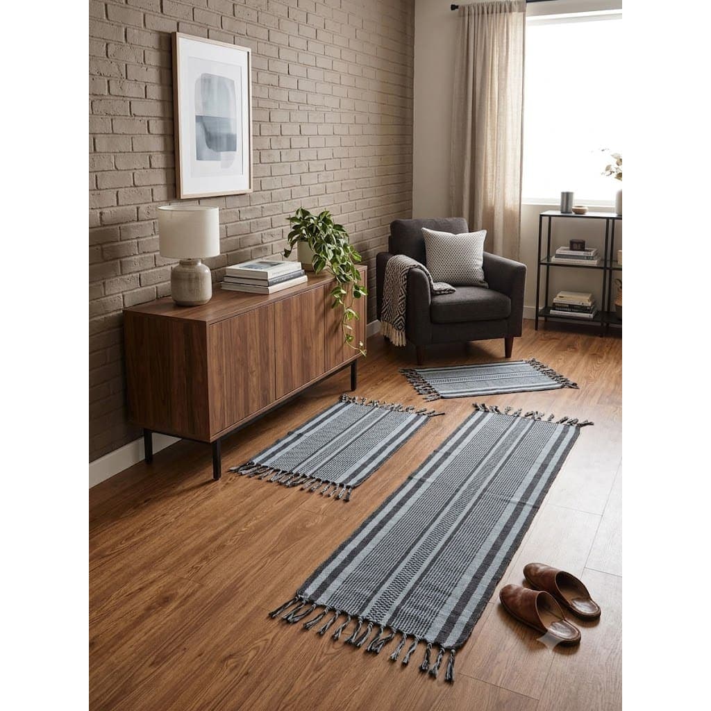 Kit Tapetes Cozinha 3 Peças com Passadeira 130x43cm + 2 Tapetes 65x43cm Decorativo Listrado com Franjas Sala Quarto