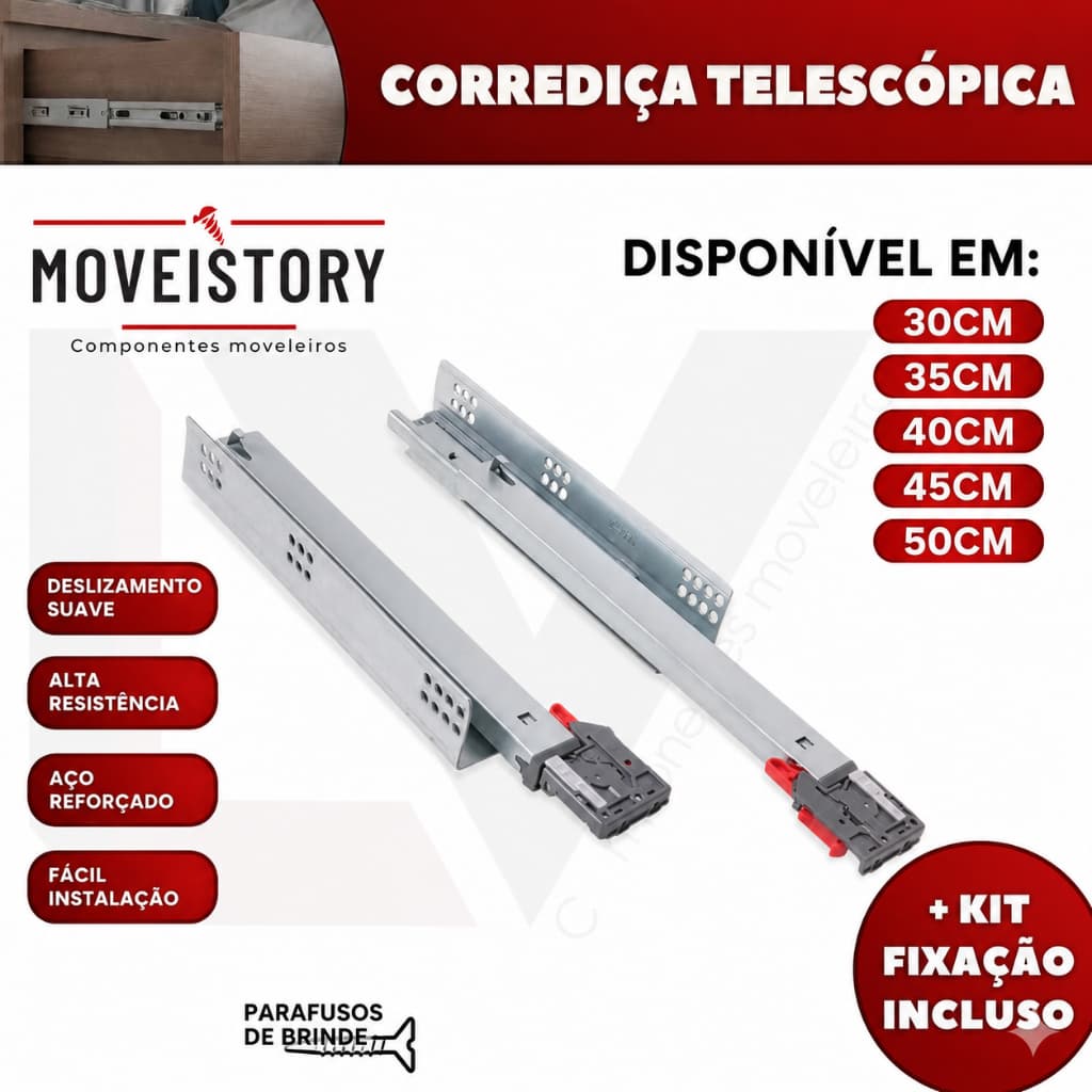 Par Corrediça Invisível Soft Closing Amortecedor VARIOS TAMANHOS: 300mm, 350mm, 400mm, 450mm, 500mm