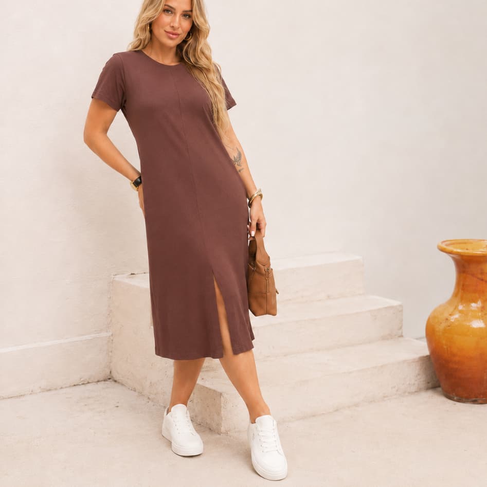 Vestido Feminino Mid Abertura Central Meia Canela Qualidade Premium Oferta