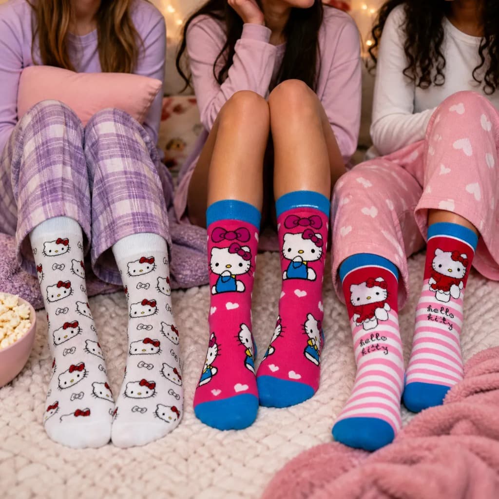Meia Divertida 100% Algodão Macia Cano Alto Personagens Monstros S.A Hello Kitty Capivara Bob Esponja Stitch Mickey