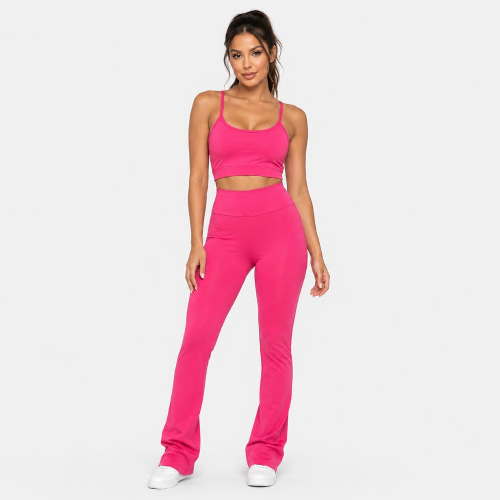 Conjunto Yoga Rosa Calça Legging Flare e Top Fitness Feminino  Zero Transparência Para Academia