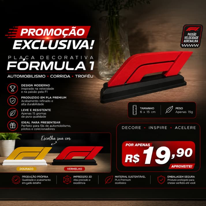 Placa Decorativa Automobilismo 15cm em PLA Premium | Decoração Esportiva para Setup Gamer, Escritório e Colecionadores