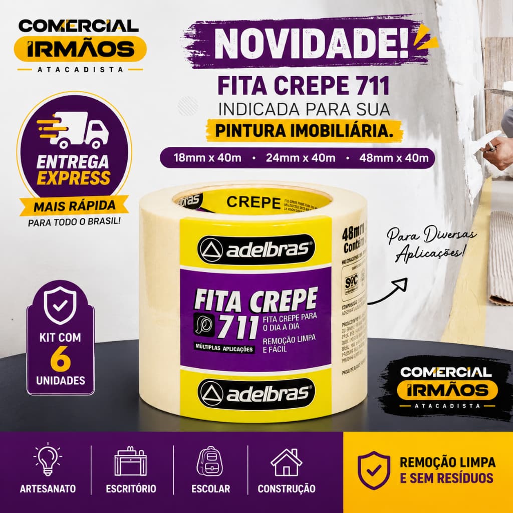 Fita Crepe Multiuso 18mm x 40m e 48mm x 40m Fácil Remoção ADELBRAS