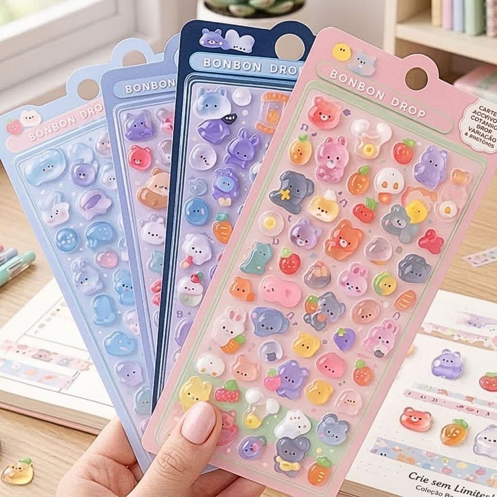 Adesivo 3D Infantil Cartela Fofa Kawai Vinil Sticker Bonbon Drop Scrapbook Gota