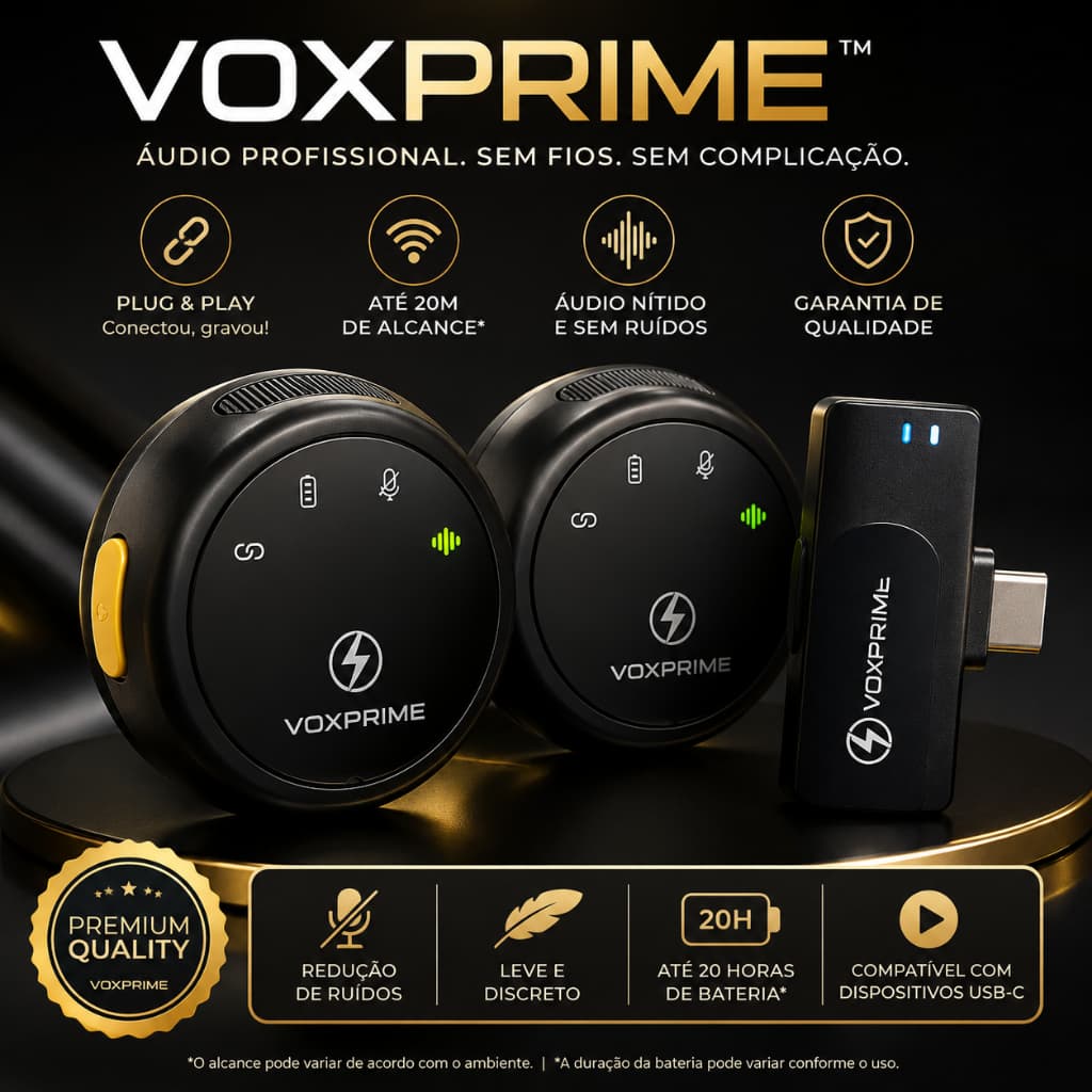 Microfone de Lapela Sem Fio USB-C Duplo para Celular Android Até 20m VoxPrime™