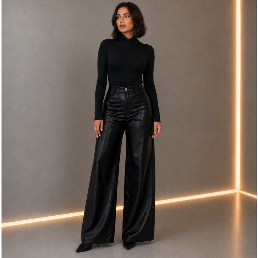 Calça Feminina Pantalona Couro Fake Wide Leg Tendência Luxo Balada Look Casual Chick Elegante