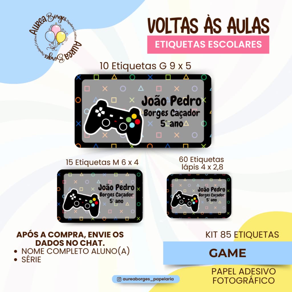 Kit 85 Etiquetas Escolares Personalizadas Game Adesivos Fotográfico Volta às Aulas Menino