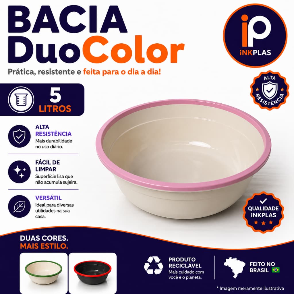 Bacia Plástica Duocolor 5 Litros Redonda Reforçada Lavanderia Cozinha Estética Premium Duas Cores