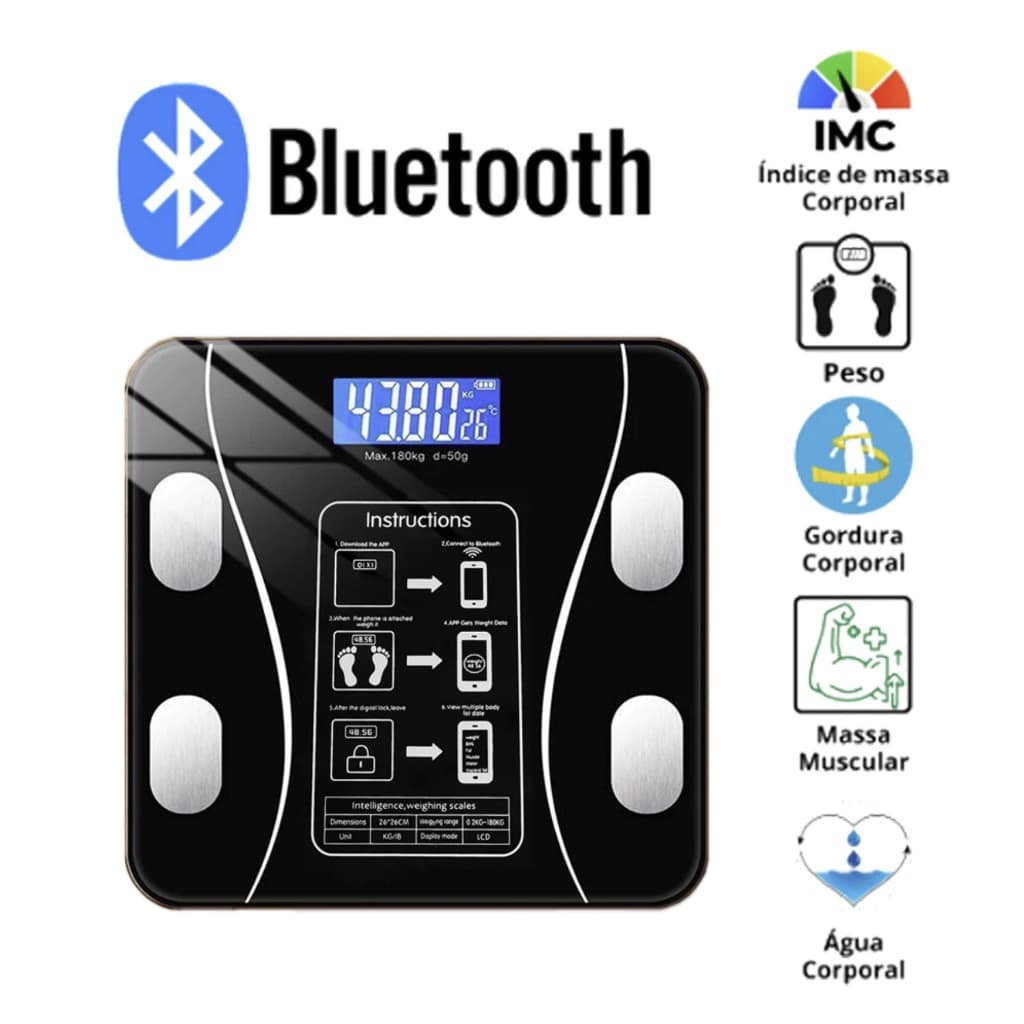 Balança Digital Medidora Corporal Bioimpedância Profissional Bluetooth 180Kg / Pilhas Preto cor Branco USB KD2123