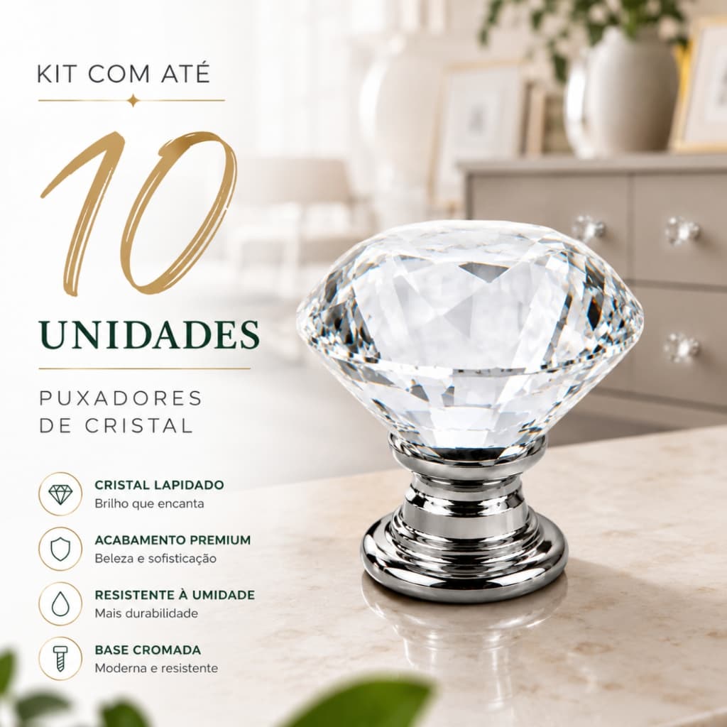 Kit 10 Puxadores de Amário Gavetas Móveis Porta Modelo Cristal 30mm Medio Base Cromada