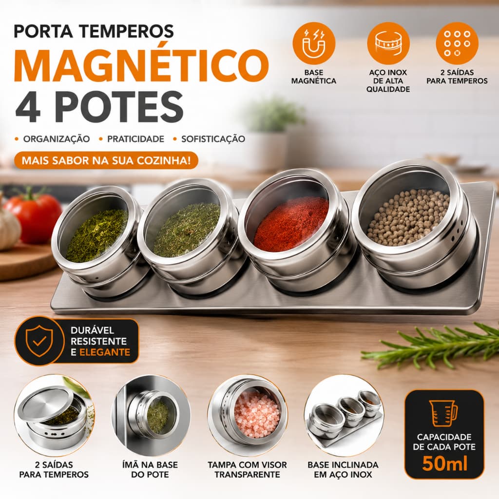 Porta Temperos Magnético 4 Potes Inox Organizador de Cozinha Geladeira Base Aço Inoxidável