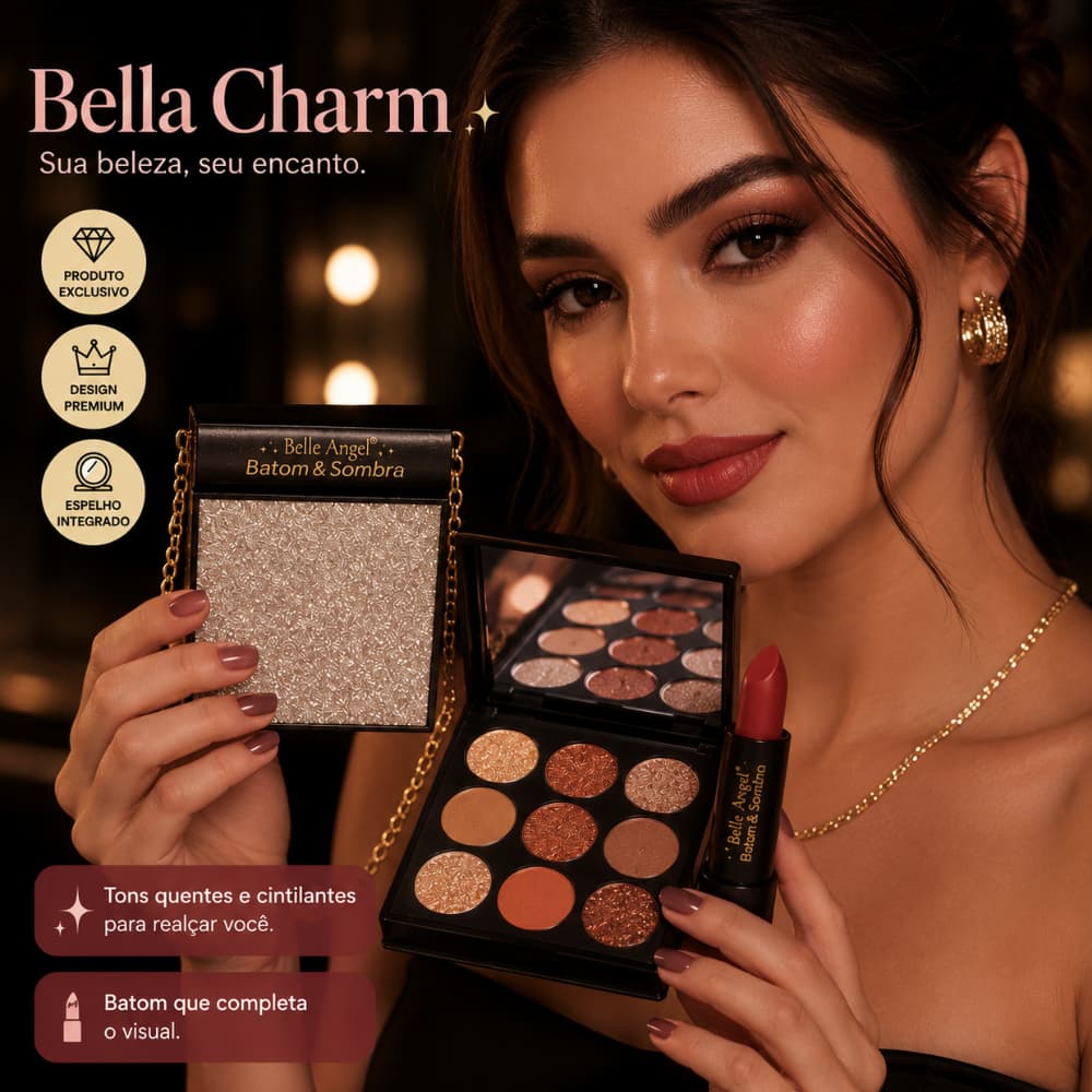 Batom e Sombra Belle Angel com Paleta 9 Cores e Espelho Mini Bolsa Maquiagem Completa