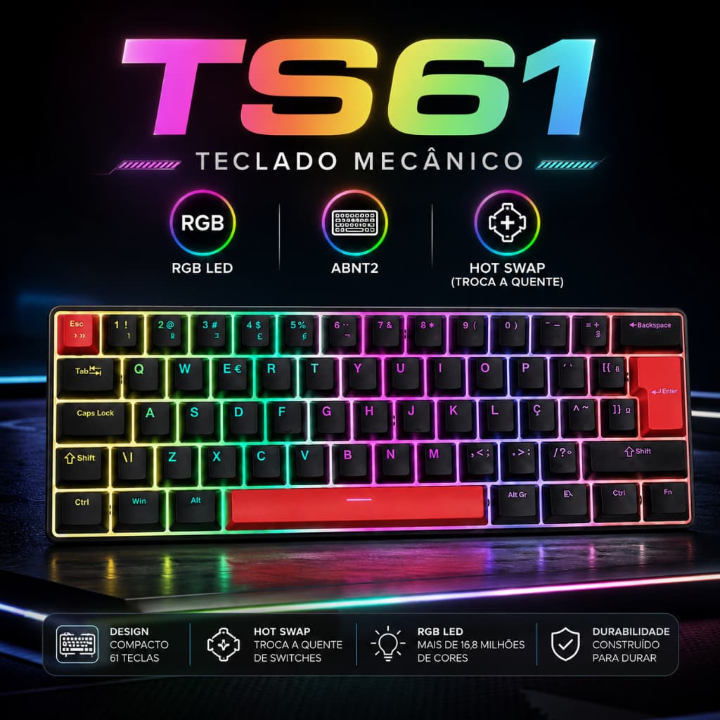 TS61 Teclado mecânico 60% gaming RGB ABNT2 wired switch red switch brown NKRO escritório jogos WIN MAC