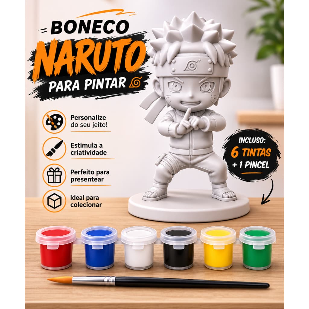 Boneco Naruto para Pintar Personalizado Kit com 6 Tintas e Pincel