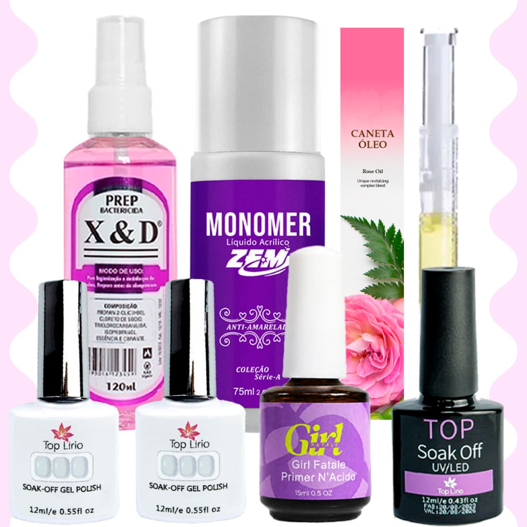 Kit Manicure Prep120ml +Prime Coat+ Top Coat+ 2 Esmalte Renda+ Monomer 60ml+ Caneta Hidratante