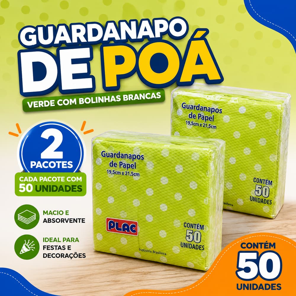 2 PACOTE DE GUARDANAPO POÁ VERDE 20X21CM ( CADA pacote com 50 folhas ) POA VERDE COM BRANCO
