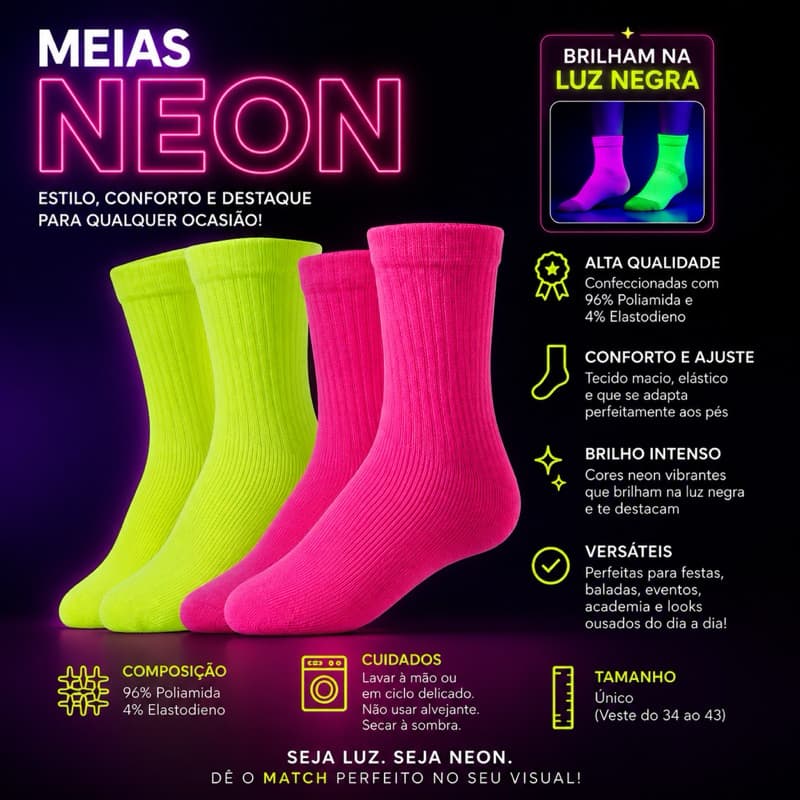 Meias Cano Alto Neon Qualidade Premium Alto Padrão Para Academia Corrida Festas Pronta Entrega