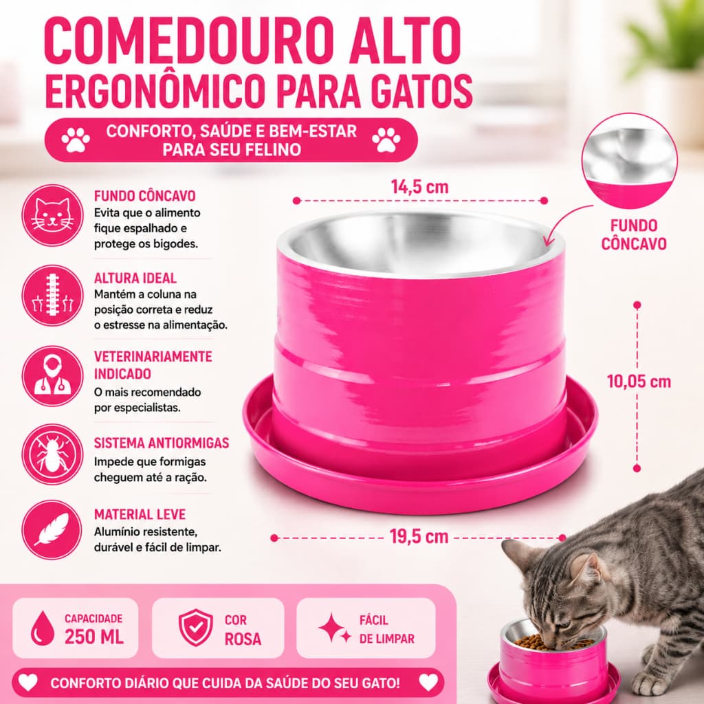 Comedouro Alto Ergonômico Para Gatos Rosa Elevado Postura Correta Anti Estresse Ração Água
