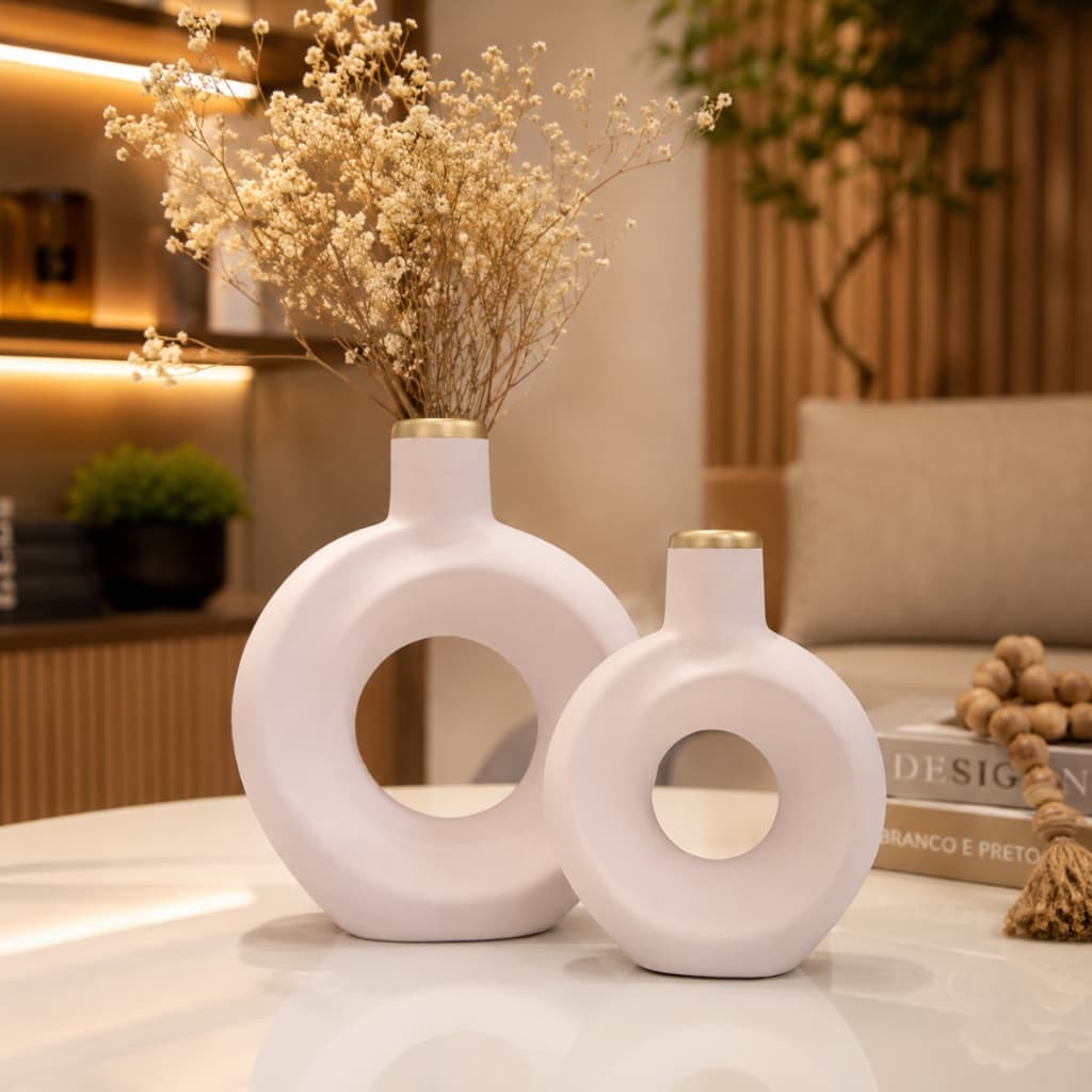 Dupla Vasos Decorativo Redondo Cerâmica Enfeite Arranjos Decoração Casa Sala Rack Luxo