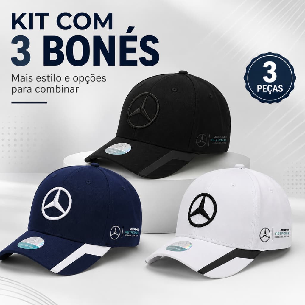 Kit 3 Bonés Mercedes AMG Petronas Aba Curva Ajustável Unissex 6 Cores Estilo Esportivo