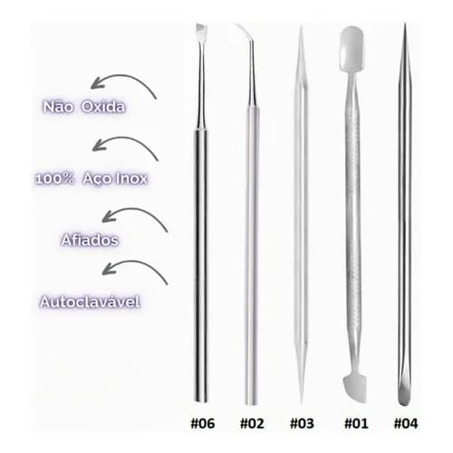 Kit Manicure Profissional 5 Itens - Espátulas Palitos - Aço Inox - Pedicure E Podologia Slim