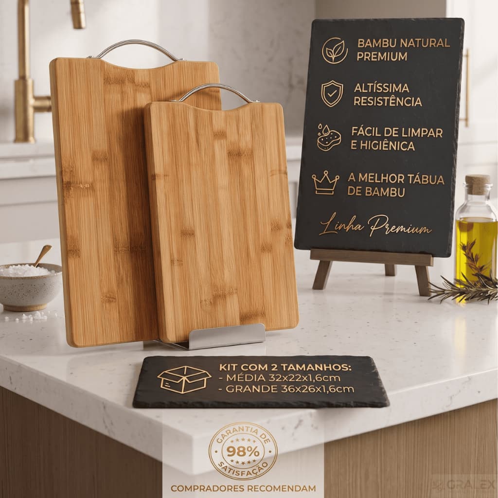 Tábua de Bambu para Corte de Carne Legumes Frutas com Alça em Aço Inox 32x22 36x26 cm ou Kit
