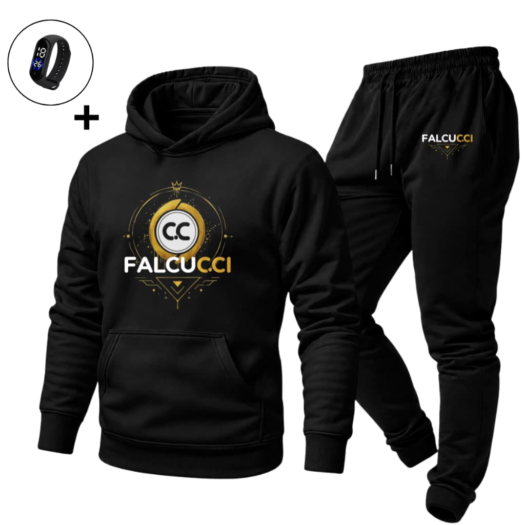 Conjunto Moletom Unissex Falcucci Calça e Canguru Blusa com capuz Bolso Streetwear + Relógio Digital